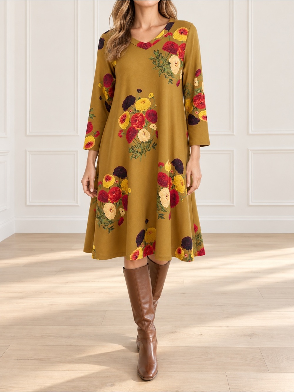 Mushan Medium Mustard Floral Velvet Midi Dress Ranunculus 3/4 Sleeve A-Line 40
